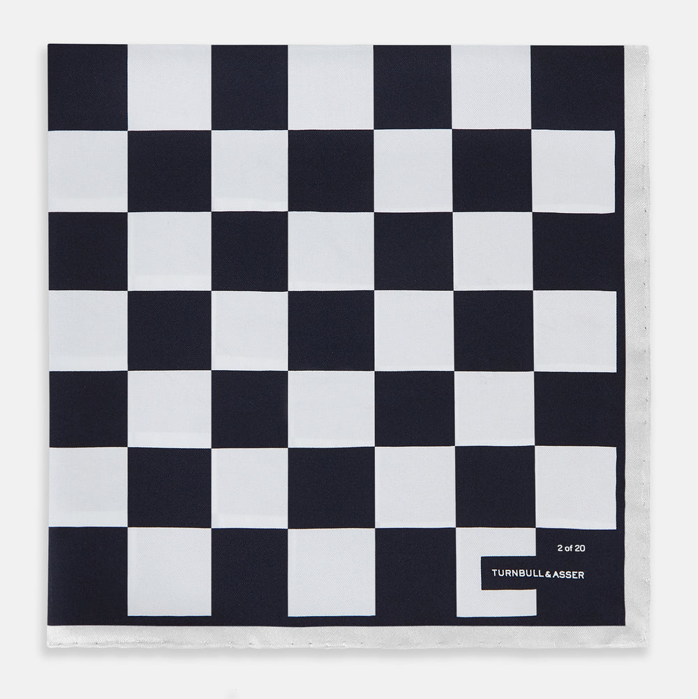Chequered Navy on White Frame Pocket Square in Silk