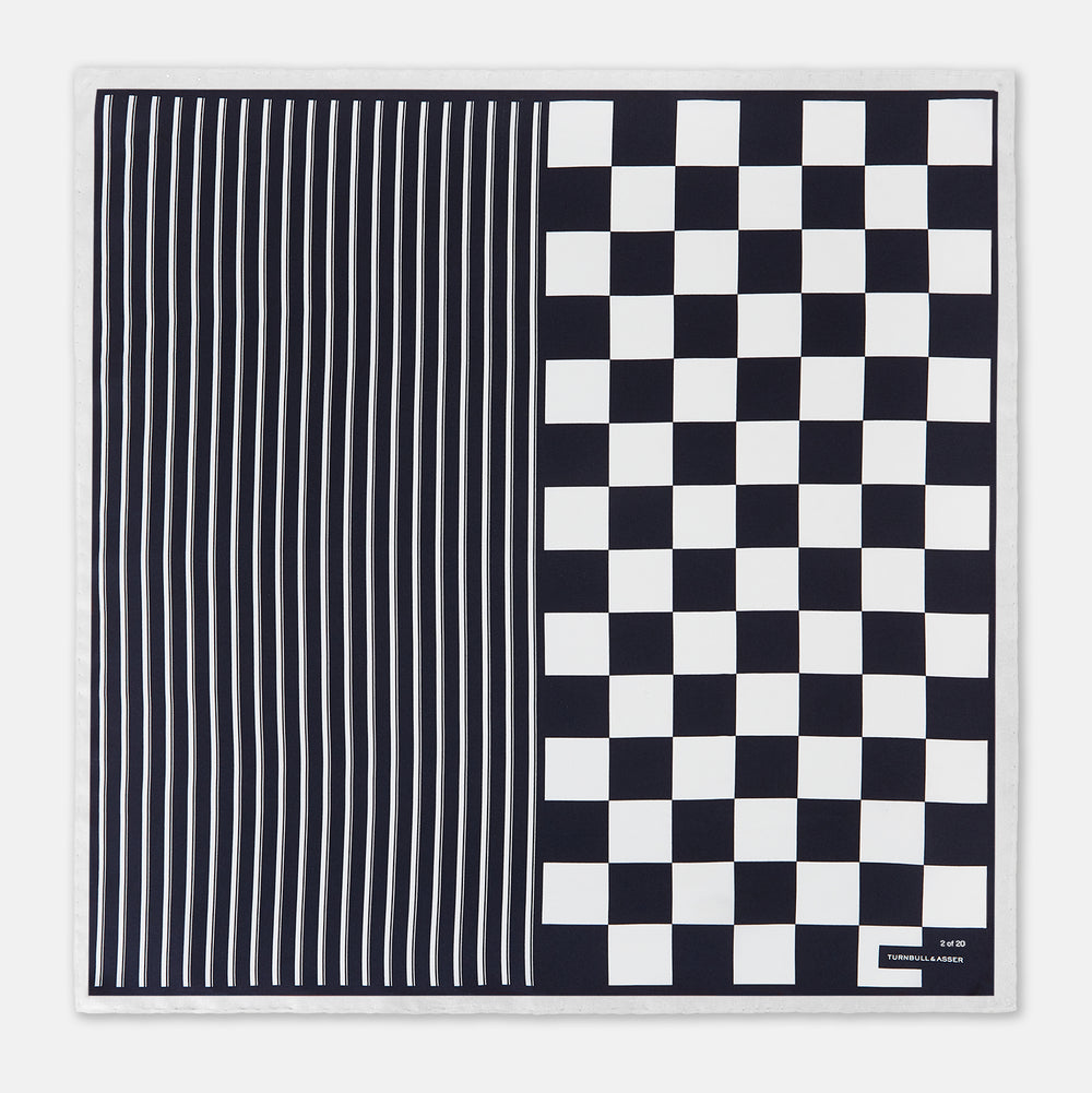 Chequered Navy on White Frame Pocket Square in Silk