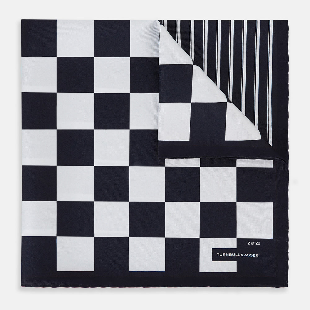 Chequered Navy on Navy Frame Pocket Square in Silk