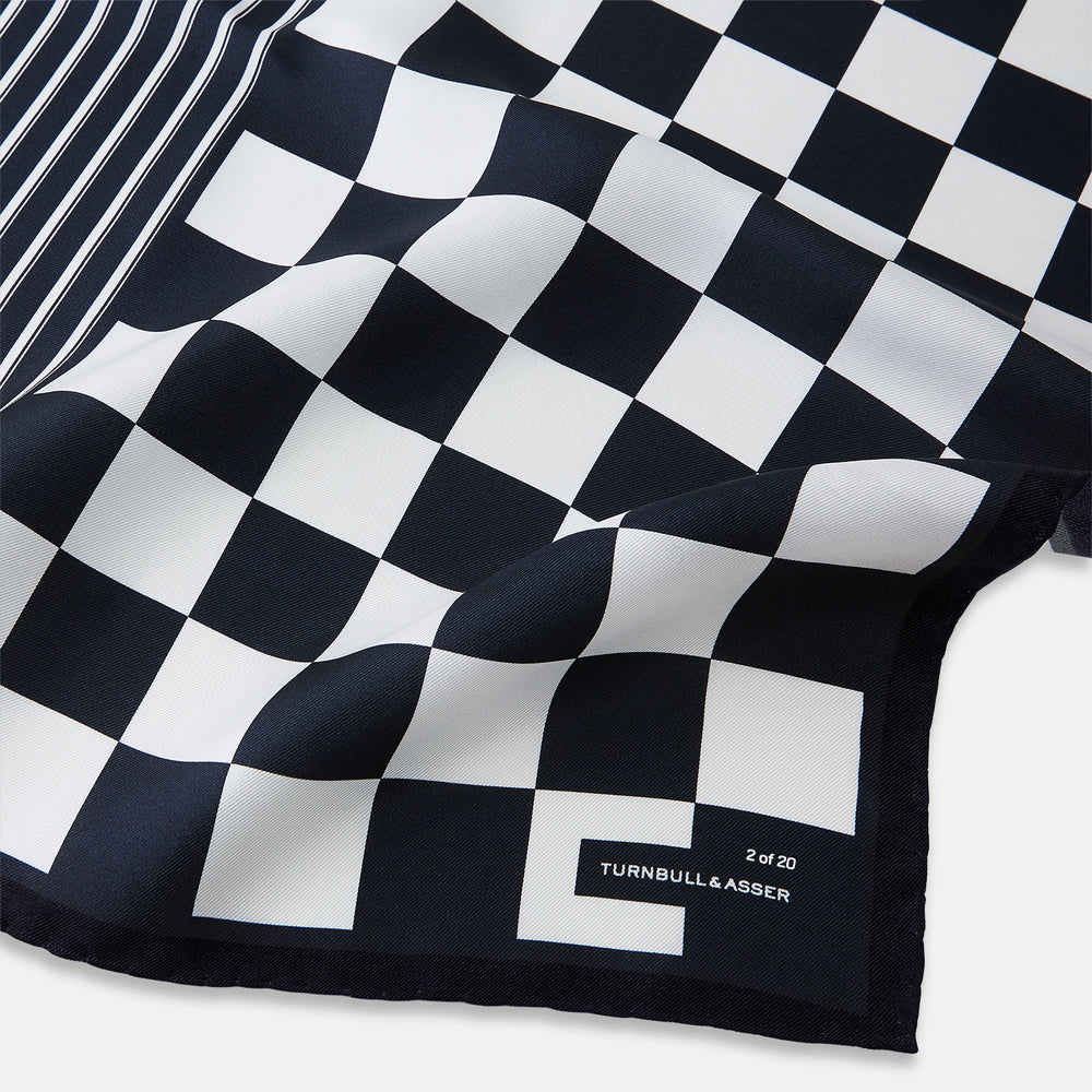 Chequered Navy on Navy Frame Pocket Square in Silk
