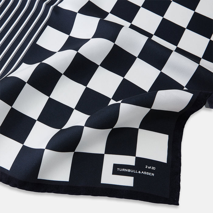 Chequered Navy on Navy Frame Pocket Square in Silk Image 1
