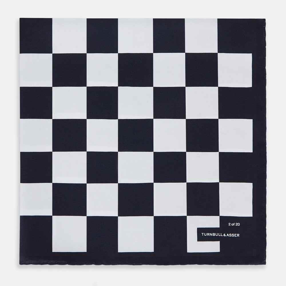 Chequered Navy on Navy Frame Pocket Square in Silk