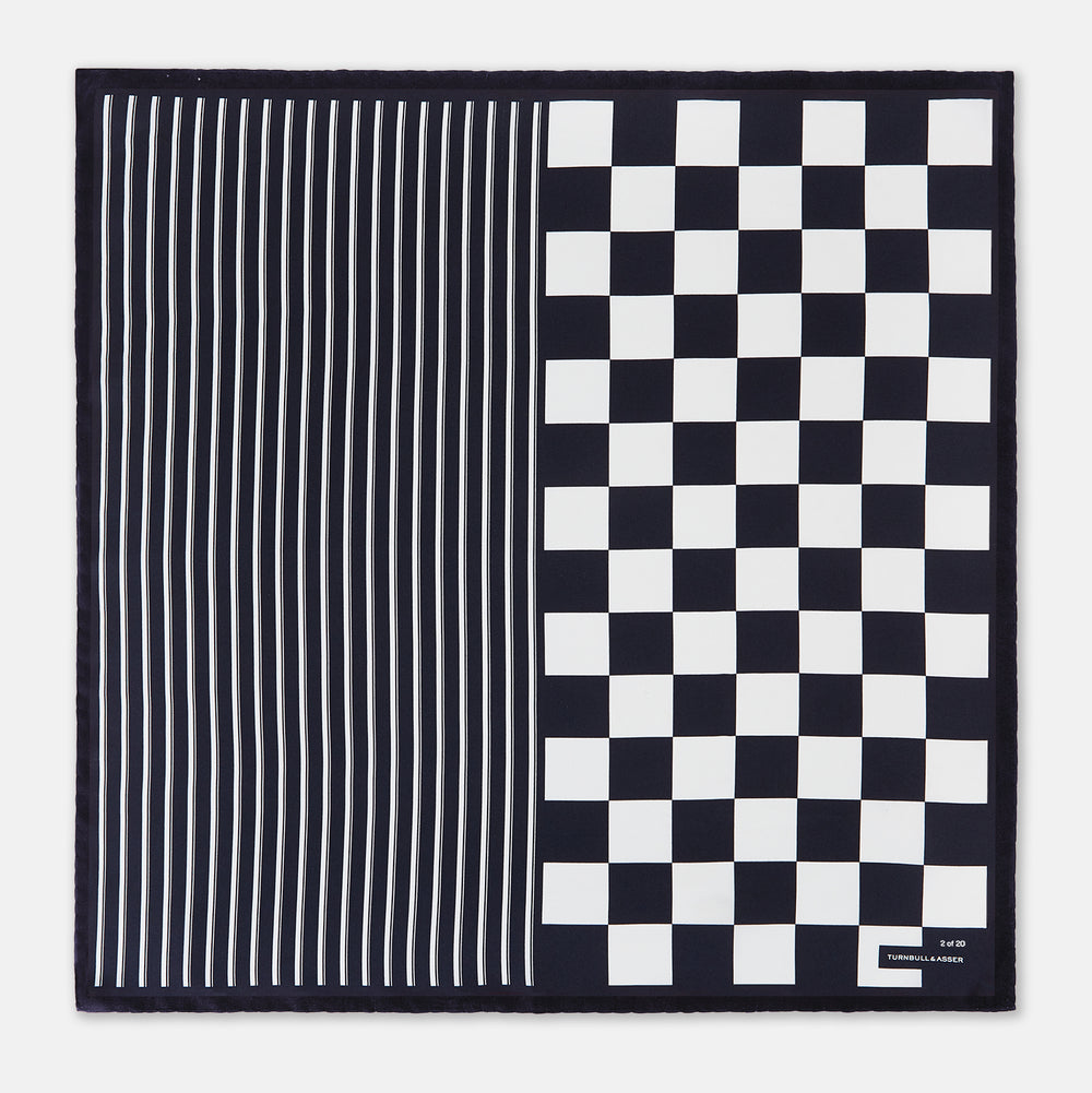 Chequered Navy on Navy Frame Pocket Square in Silk