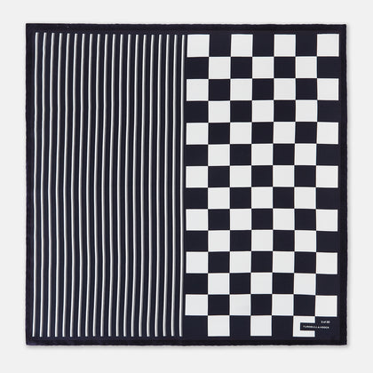 Chequered Navy on Navy Frame Pocket Square in Silk Image 2