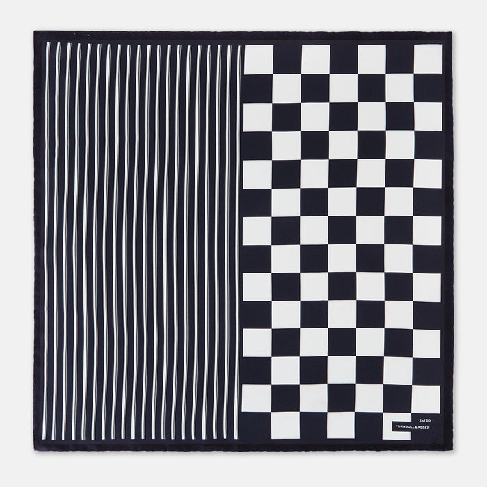 Chequered Navy on Navy Frame Pocket Square in Silk Image 3