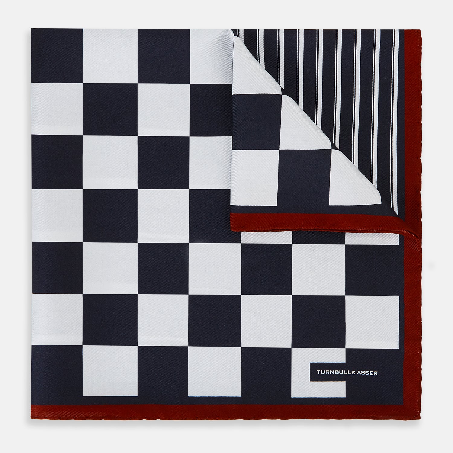 View 2 of product Chequered Navy on Red Frame Pocket Square in Silk