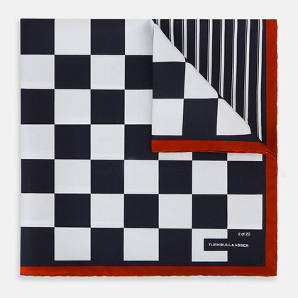 Chequered Navy on Red Frame Pocket Square in Silk
