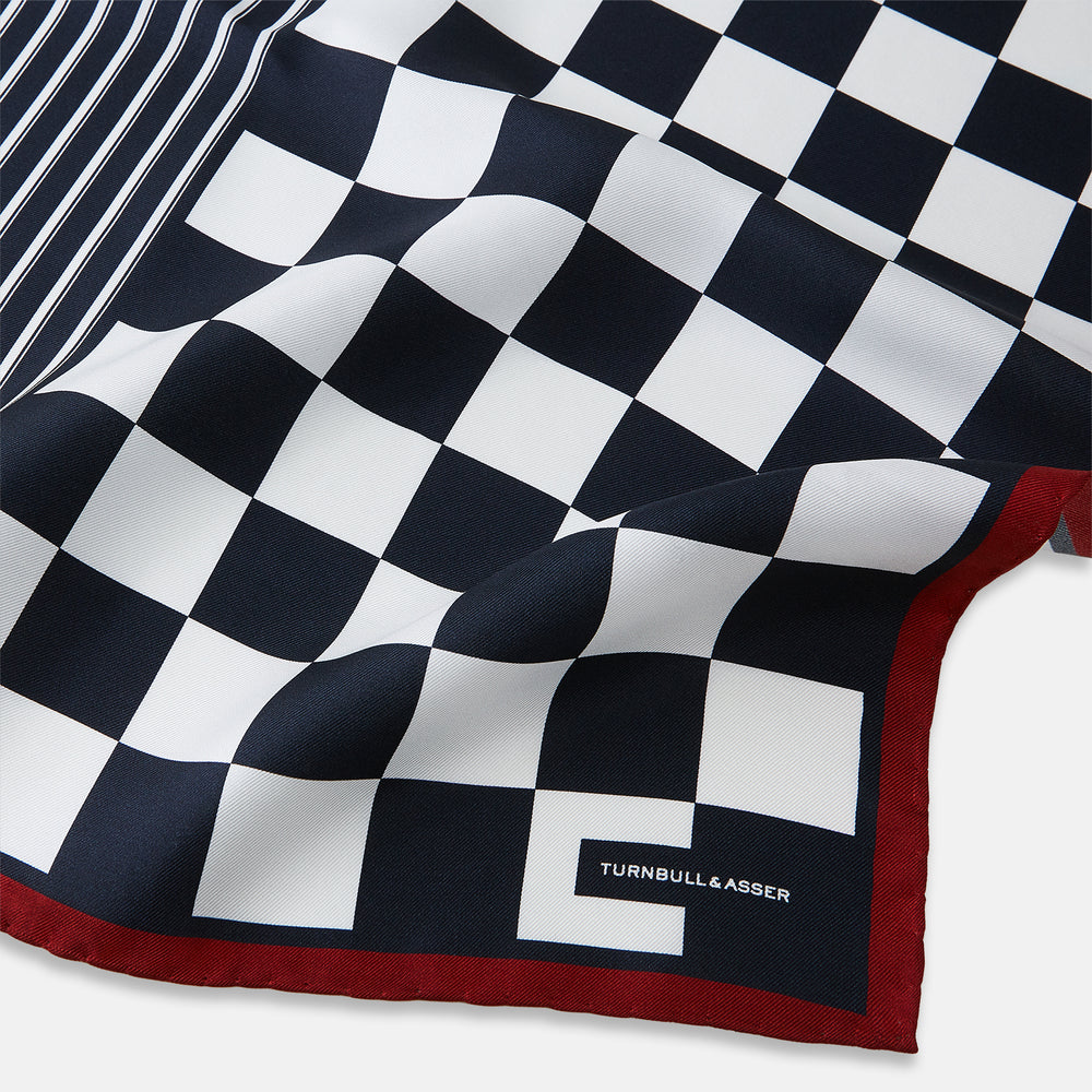 Chequered Navy on Red Frame Pocket Square in Silk