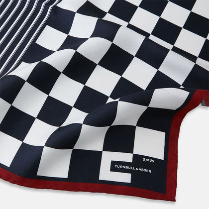 Chequered Navy on Red Frame Pocket Square in Silk Image 1