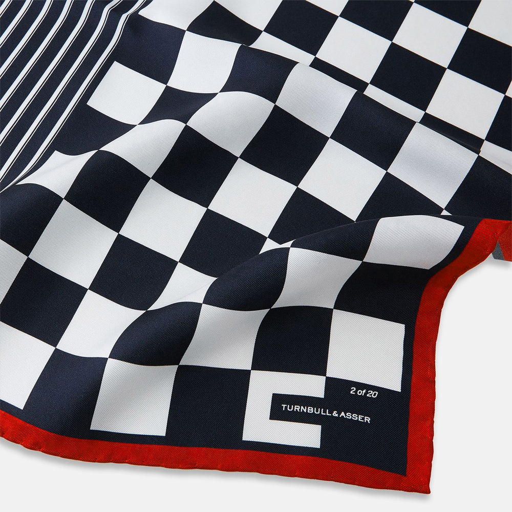 Chequered Navy on Red Frame Pocket Square in Silk