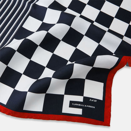 Chequered Navy on Red Frame Pocket Square in Silk Image 1