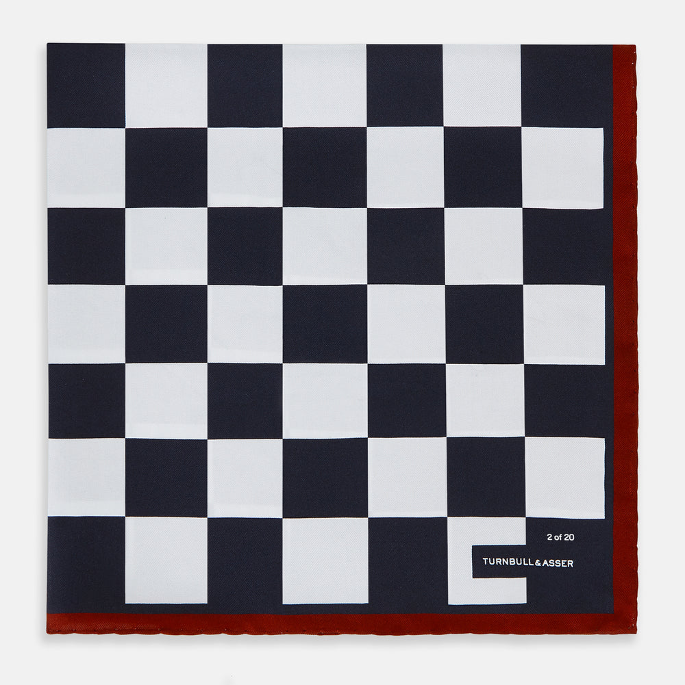 Chequered Navy on Red Frame Pocket Square in Silk