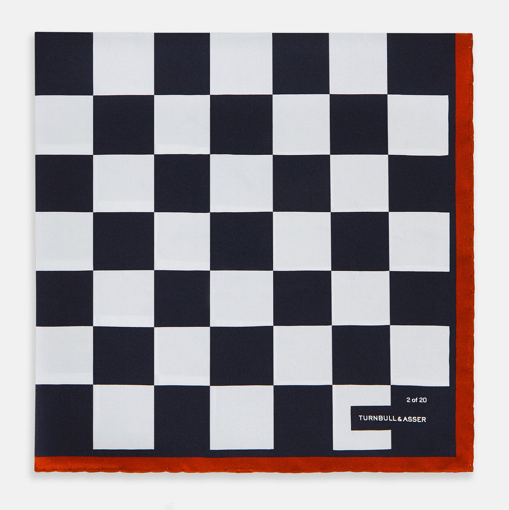 Chequered Navy on Red Frame Pocket Square in Silk