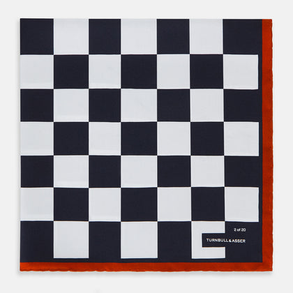 Chequered Navy on Red Frame Pocket Square in Silk Image 2