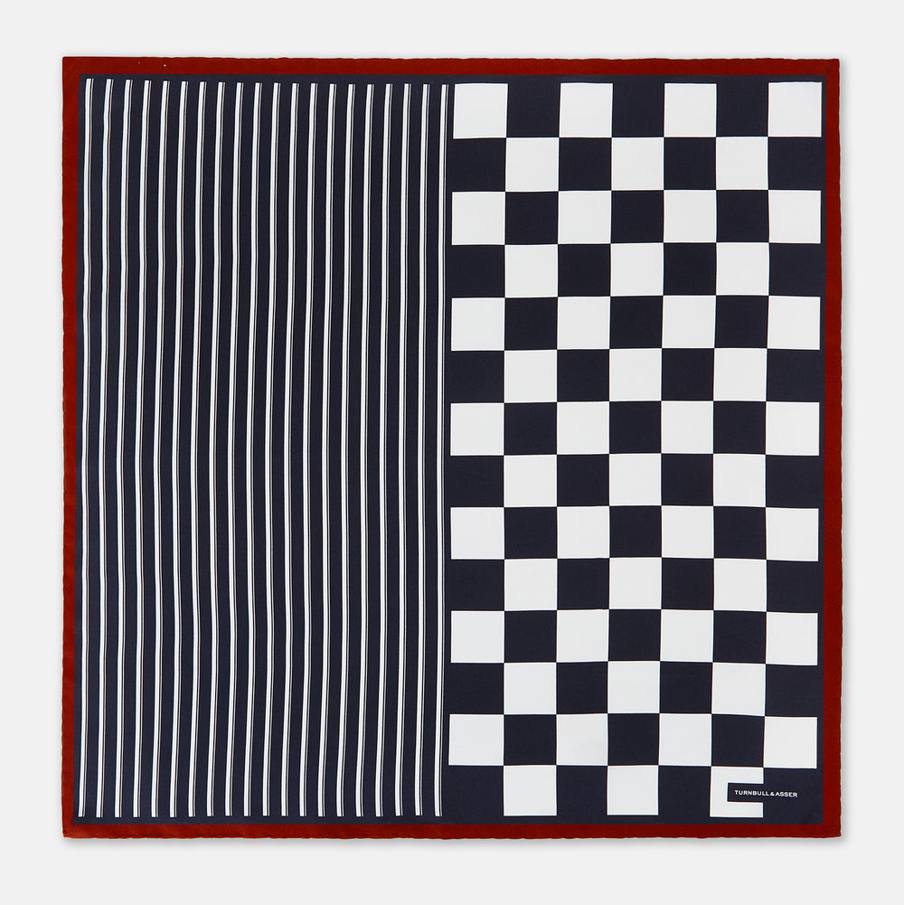 Chequered Navy on Red Frame Pocket Square in Silk