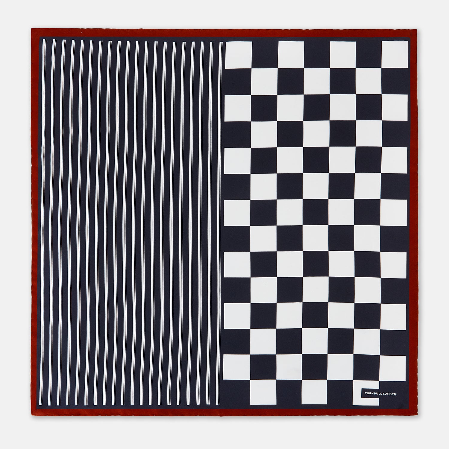 View 4 of product Chequered Navy on Red Frame Pocket Square in Silk