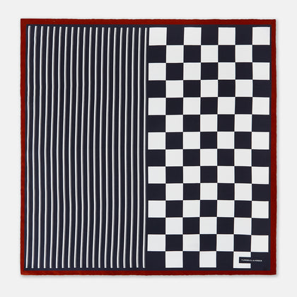 Chequered Navy on Red Frame Pocket Square in Silk Image 3