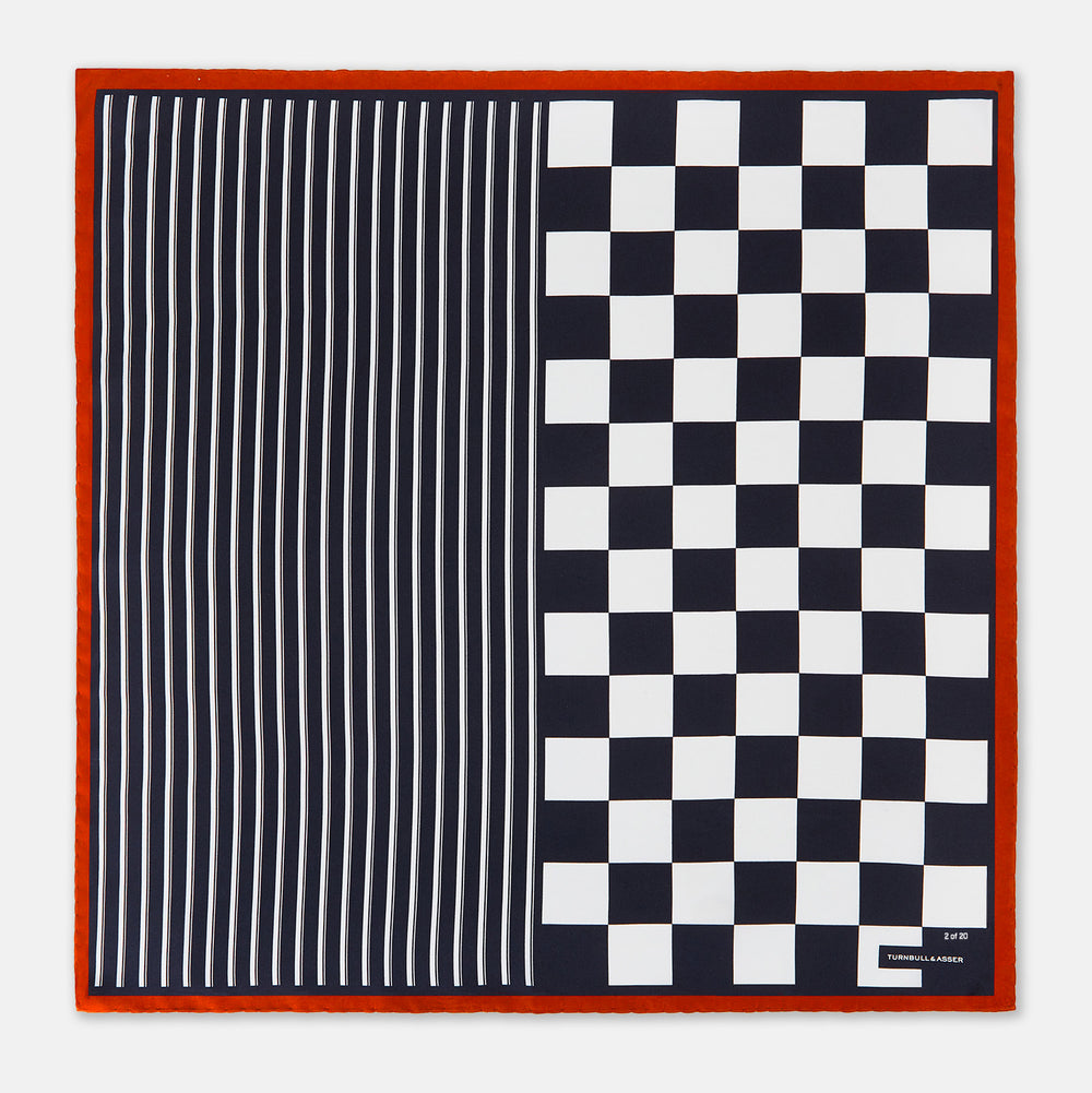 Chequered Navy on Red Frame Pocket Square in Silk