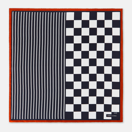 Chequered Navy on Red Frame Pocket Square in Silk Image 3
