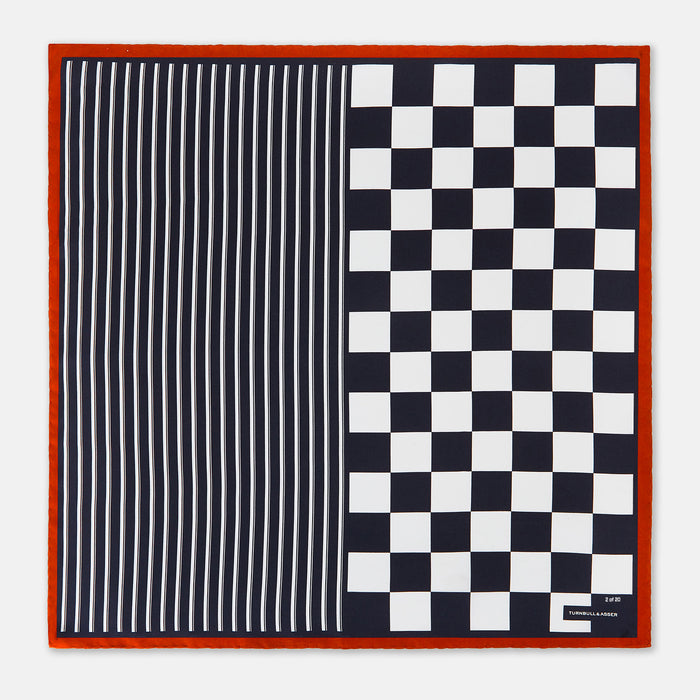 Chequered Navy on Red Frame Pocket Square in Silk Image 3