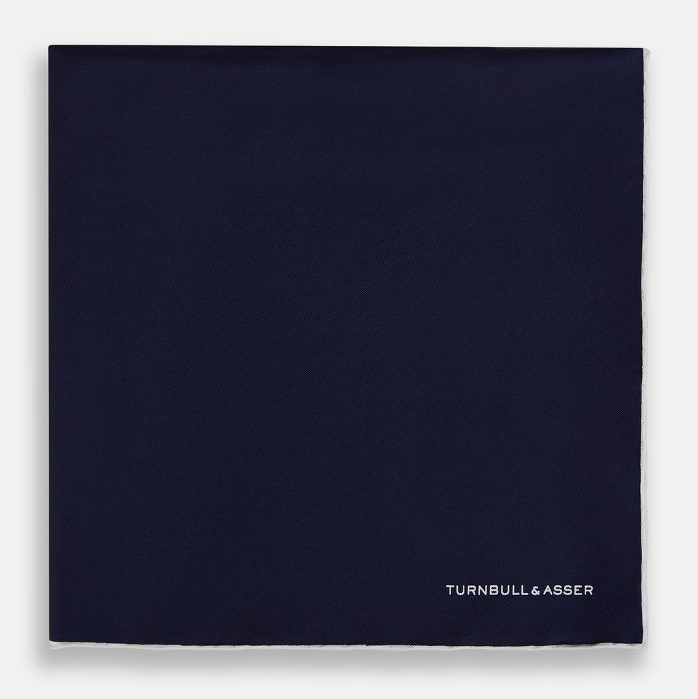 Navy Piped Silk Pocket Square