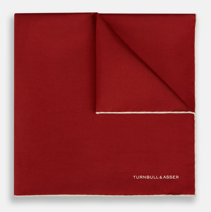 BURGUNDY AND ECRU PIPED SILK POCKET SQUARE