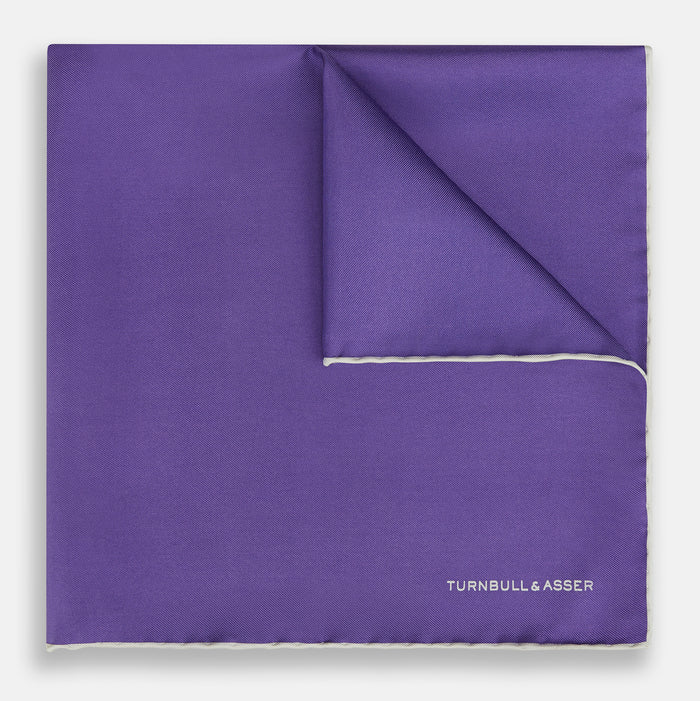 VIOLET AND ECRU PIPED SILK POCKET SQUARE