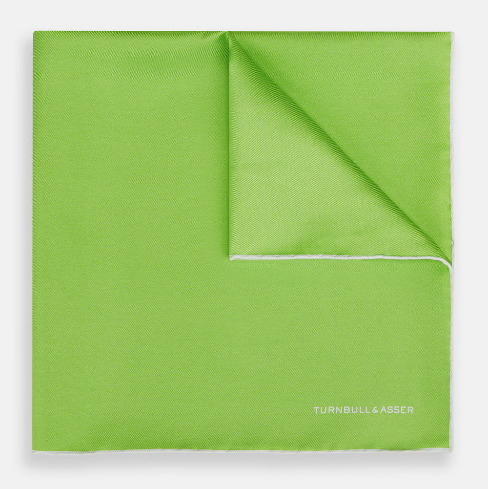 LIME GREEN AND ECRU PIPED SILK POCKET SQUARE