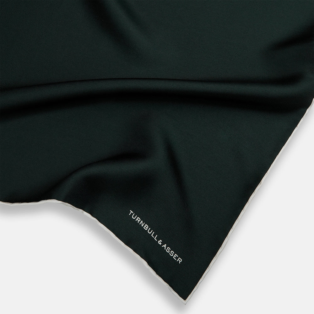 DARK GREEN AND ECRU PIPED SILK POCKET SQUARE