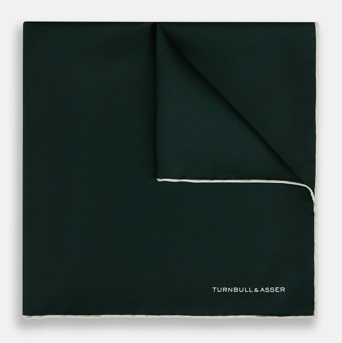 DARK GREEN AND ECRU PIPED SILK POCKET SQUARE