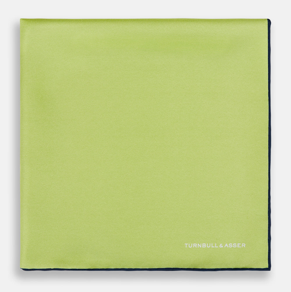 Pistachio Green and Navy Piped Silk Pocket Square