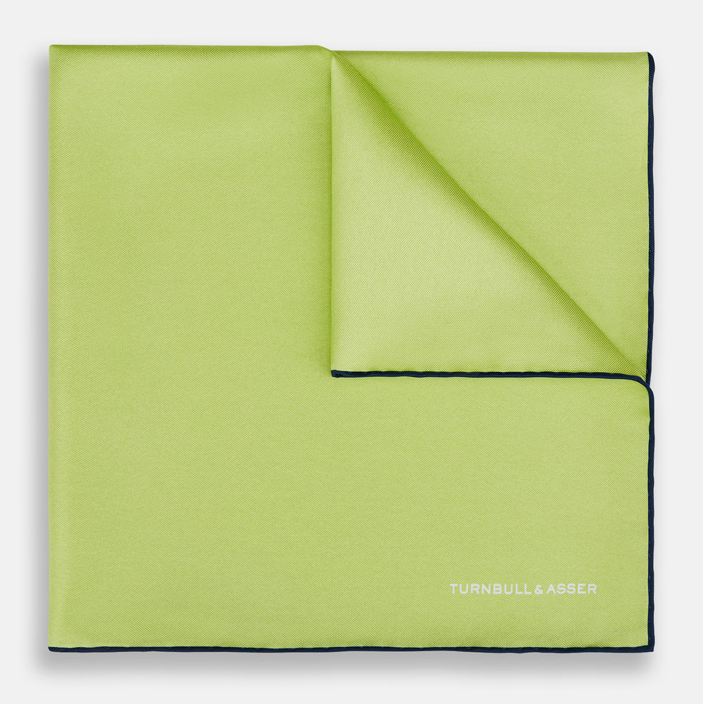 Pistachio Green and Navy Piped Silk Pocket Square