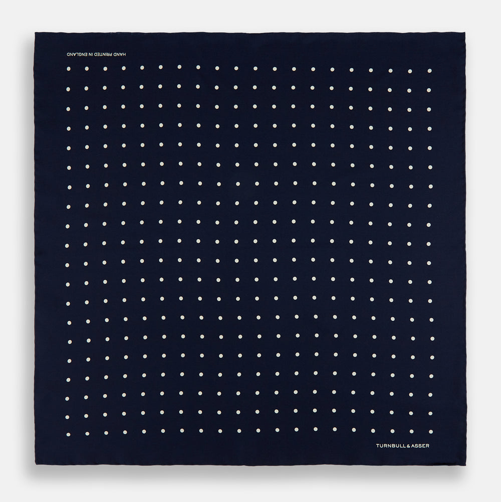 Navy Rounded Square Navy and White Spot Silk Pocket Square – Turnbull & Asser US