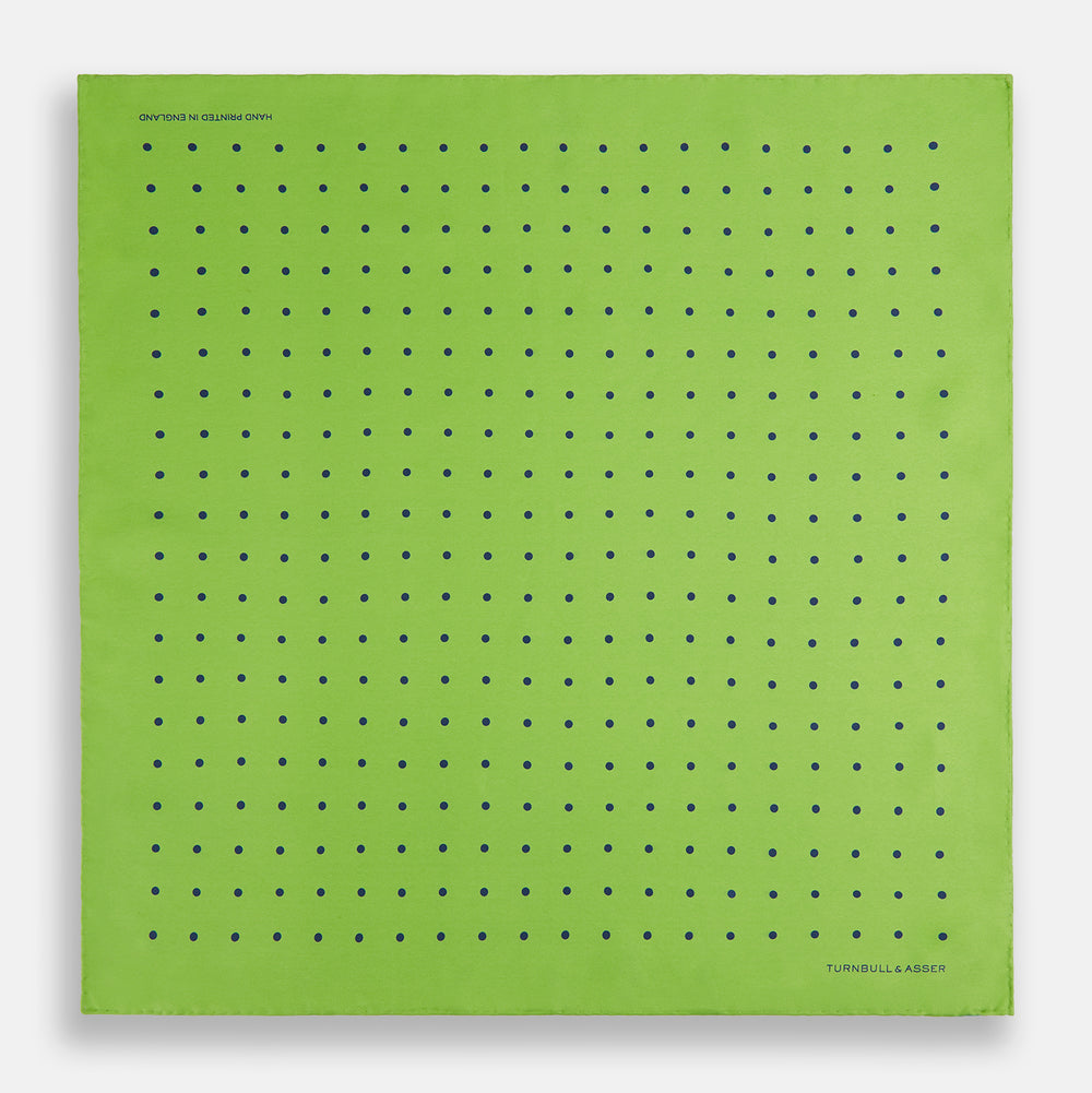 LIME GREEN AND BLUE SPOT SILK POCKET SQUARE