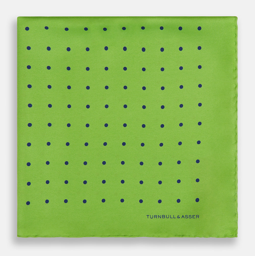 LIME GREEN AND BLUE SPOT SILK POCKET SQUARE