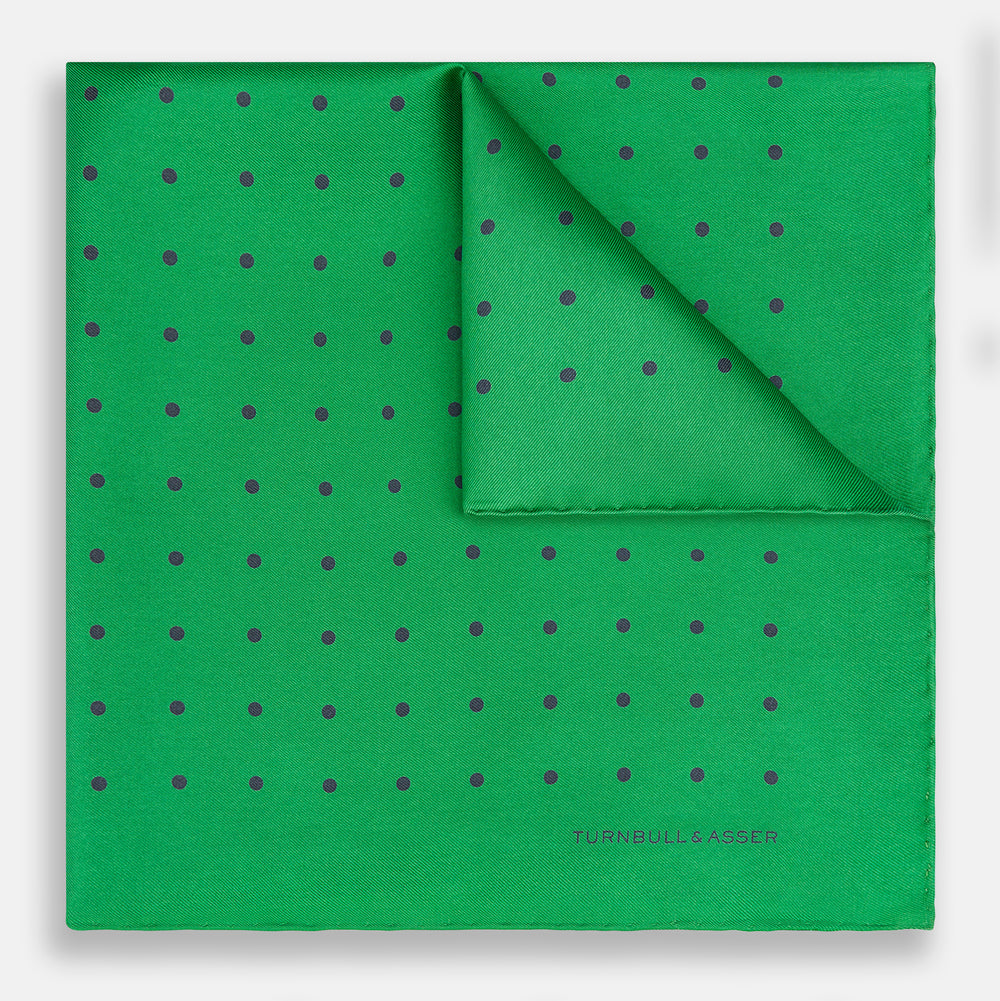 Green and Navy Spot Silk Pocket Square