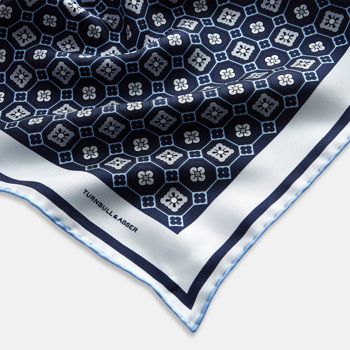 Navy Floral Tile Silk Pocket Square Image 1