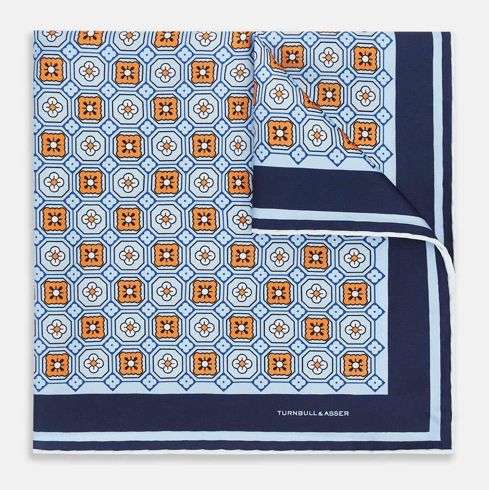 Blue Floral Tile Silk Pocket Square OS