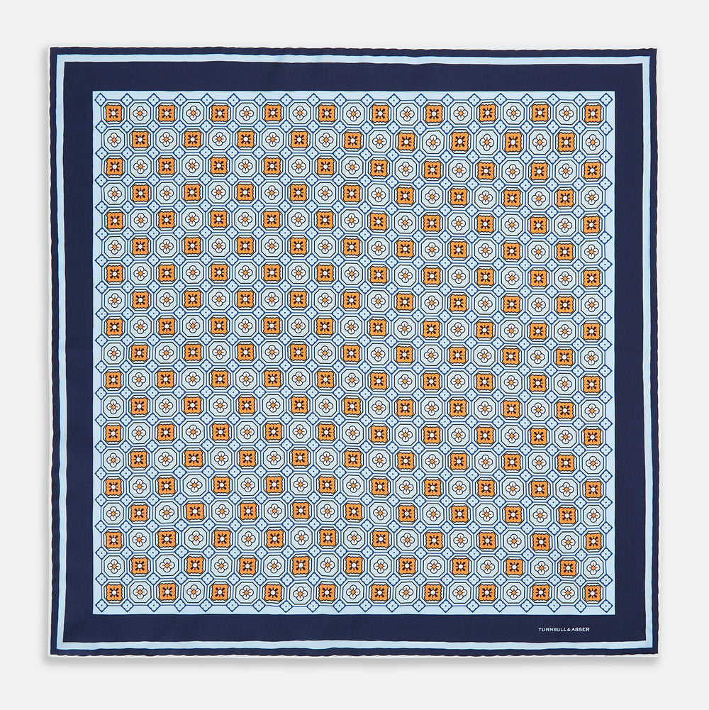 Blue Floral Tile Silk Pocket Square OS
