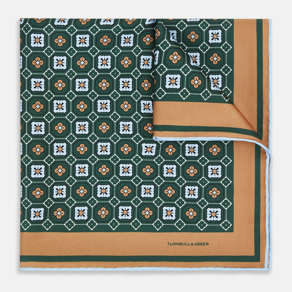Forest Green Floral Tile Silk Pocket Square OS