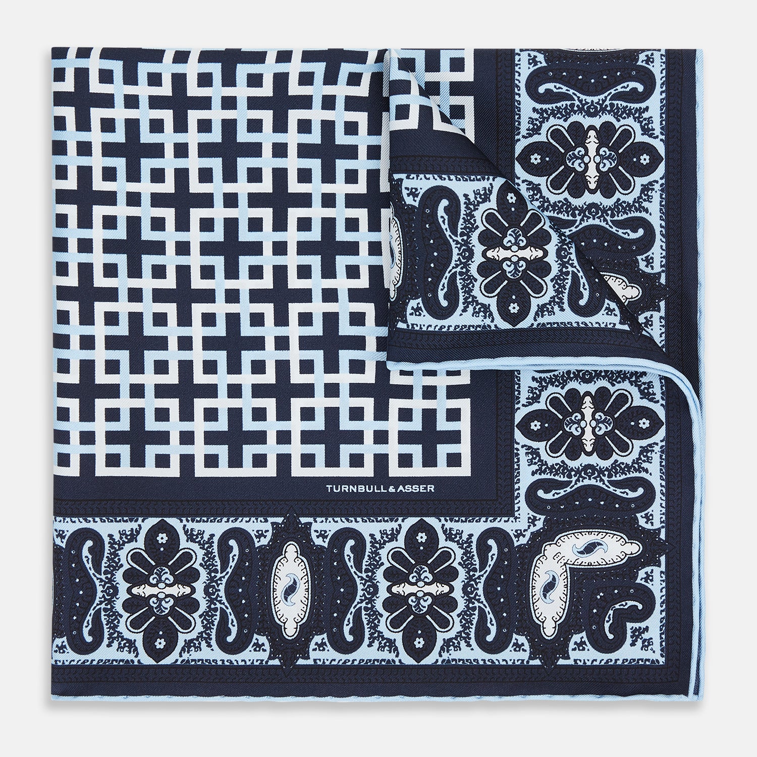 View 1 of product Navy Square-Patterned and Paisley Patterned Silk Pocket Square OS