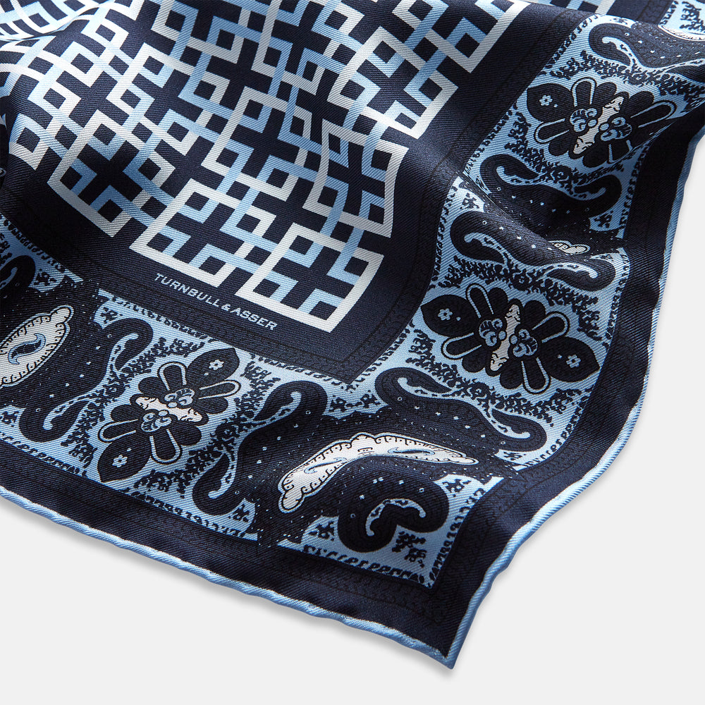 Navy Square-Patterned and Paisley Patterned Silk Pocket Square OS