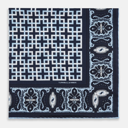 Navy Square-Patterned and Paisley Patterned Silk Pocket Square Image 2