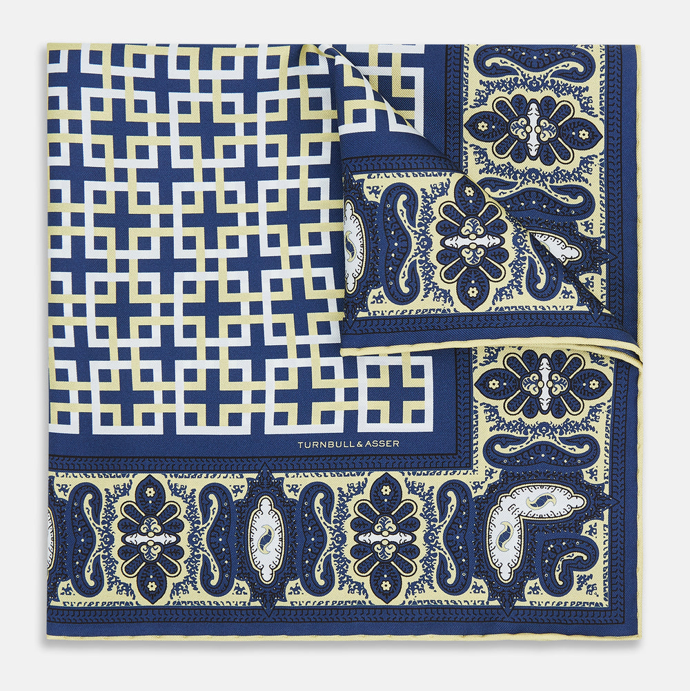 Azzurro Square-Patterned and Paisley Patterned Silk Pocket Square OS