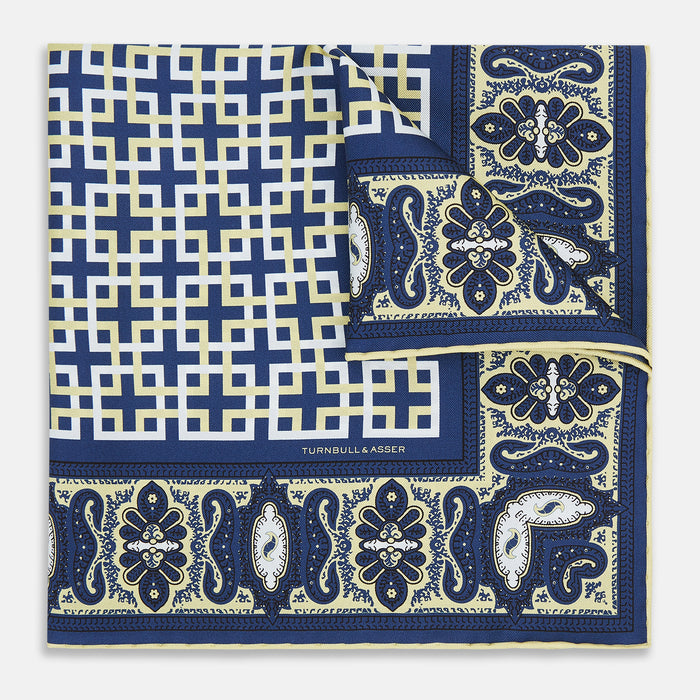 Azzurro Square-Patterned and Paisley Patterned Silk Pocket Square