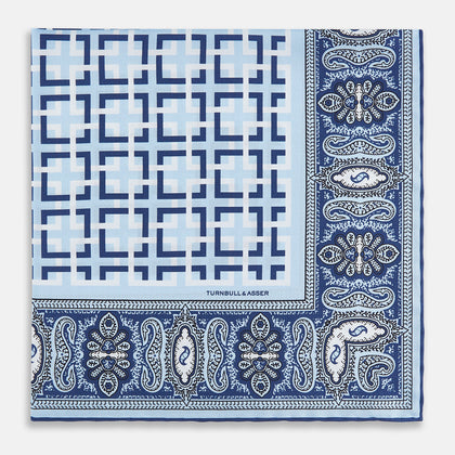 Blue Square-Patterned and Paisley Patterned Silk Pocket Square Image 2