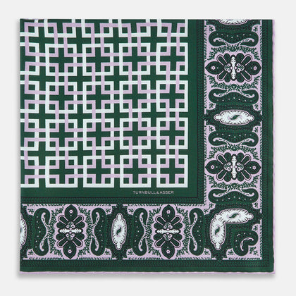 Forest Green Square-Patterned and Paisley Patterned Silk Pocket Square Image 2