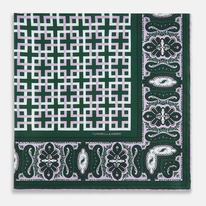 Forest Green Square-Patterned and Paisley Patterned Silk Pocket Square Image 2