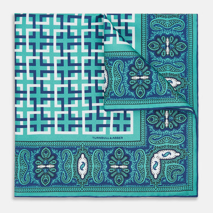 Turquoise Square-Patterned and Paisley Silk Pocket Square