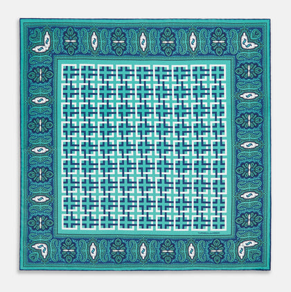 Turquoise Square-Patterned and Paisley Silk Pocket Square Image 3